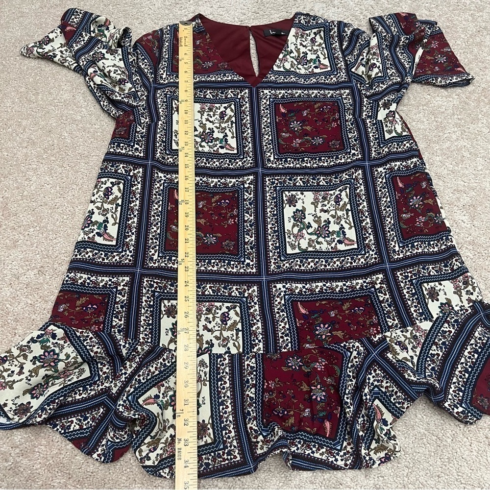 Lulu's Burgundy, Cream & Navy Patchwork Floral Ruffle-Hem Mini Dress - Picture 10 of 12